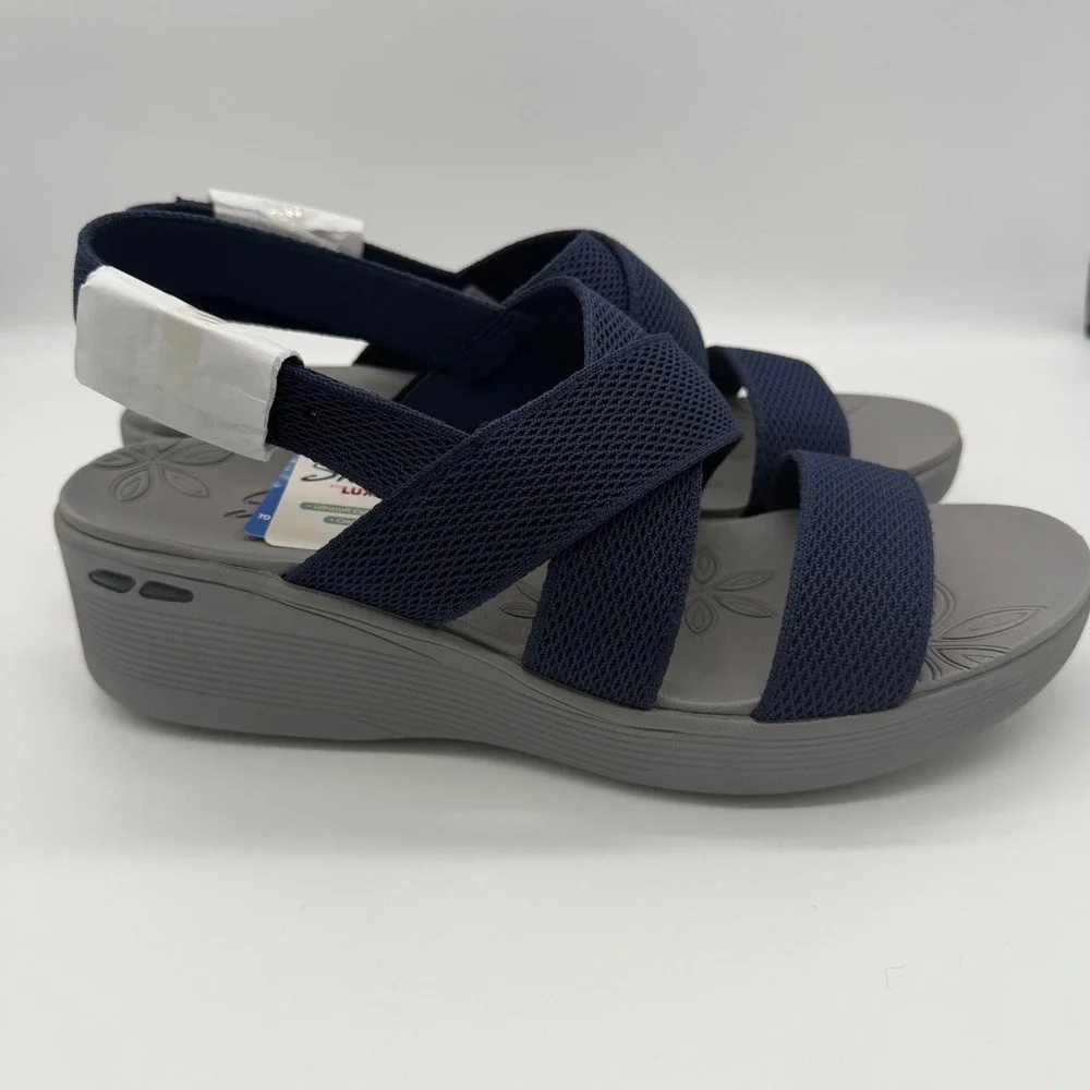 Skechers Pier-Lite Night Owl Navy Wedge Sandals 11 163433/NVY Vegan New